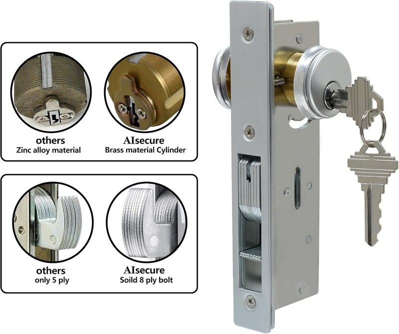 AIsecure Storefront Door Mortise Lock Set, Commercial Aluminum Storefront Mortise Lock with Hook Deadbolt & Solid Brass Double Cylinder, Storefront Entry Door Lock, 1-1/8" Backset, Silver - Image 4